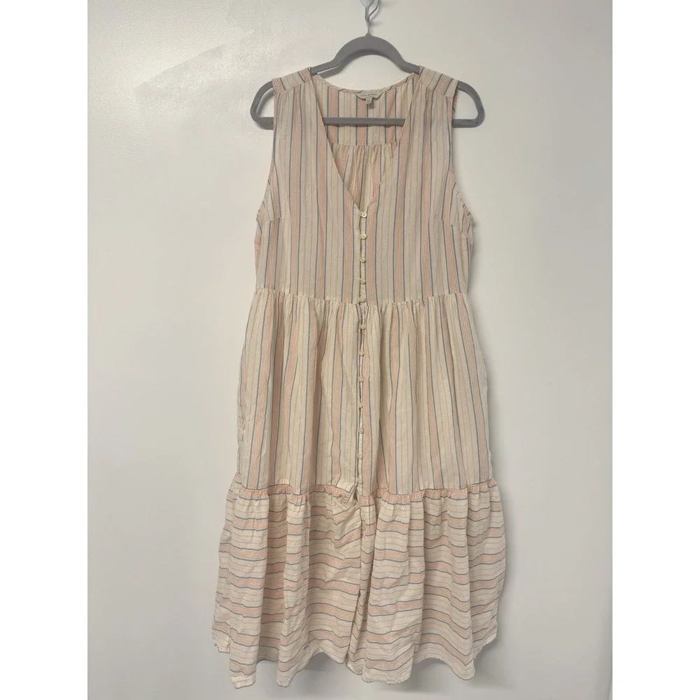 Lucky Brand Pastel Stripe Midi Dress Tiered Womens 1X Cottage Core Button‎ #38